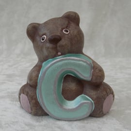 Ceramic Hand Painted Small Brown Alphabet Bear C Animal Figurine Ornament.