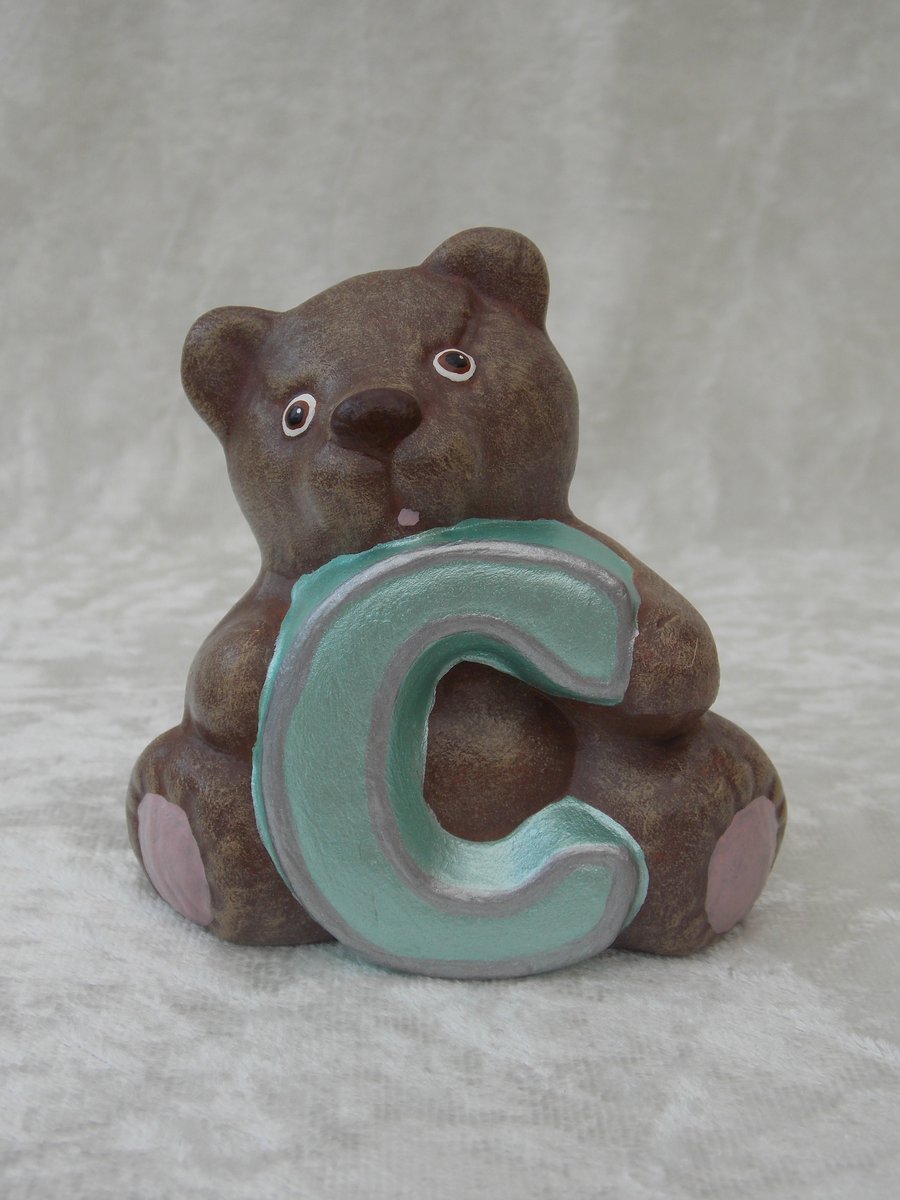 Ceramic Hand Painted Small Brown Alphabet Bear C Animal Figurine Ornament.