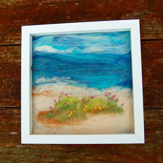 Needle felted and hand embroidered wool picture - Coastal scene 