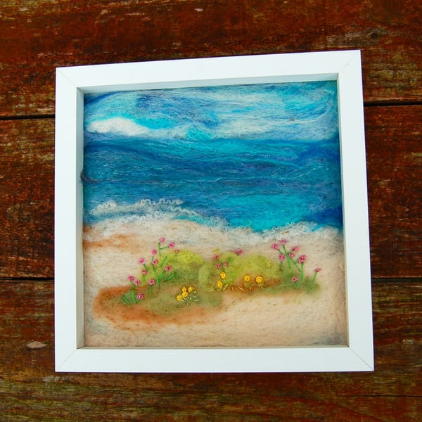 Needle felted and hand embroidered wool picture - Coastal scene 