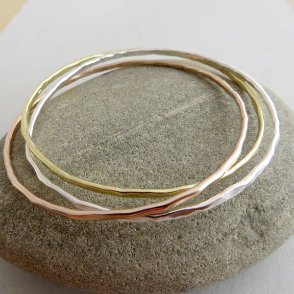 Sterling Silver, Bronze and Brass Bangle Set, 8th Anniversary Gift