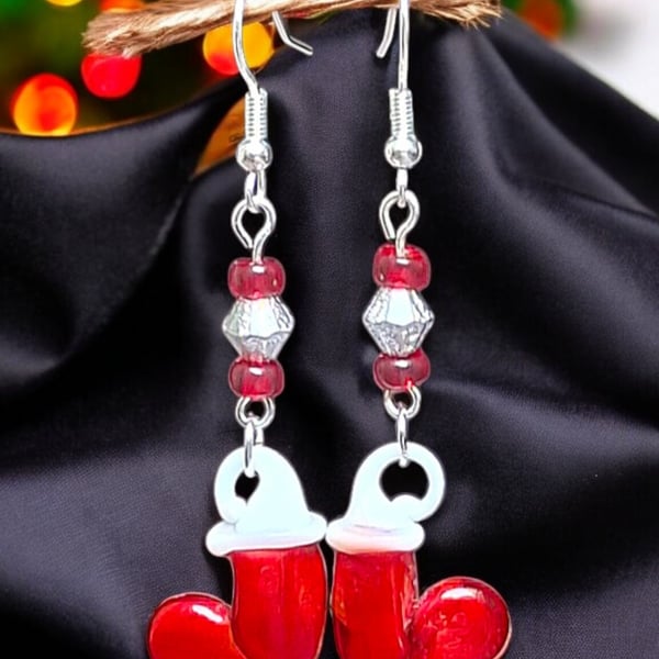 Murano glass Christmas stocking earrings, Christmas jewellery, festive earrings,