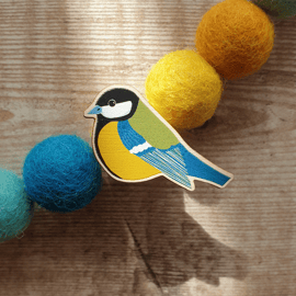 Great Tit Wooden Pin Brooch