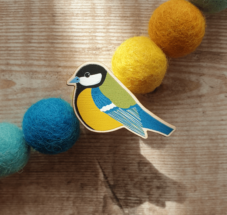 Great Tit Wooden Pin Brooch
