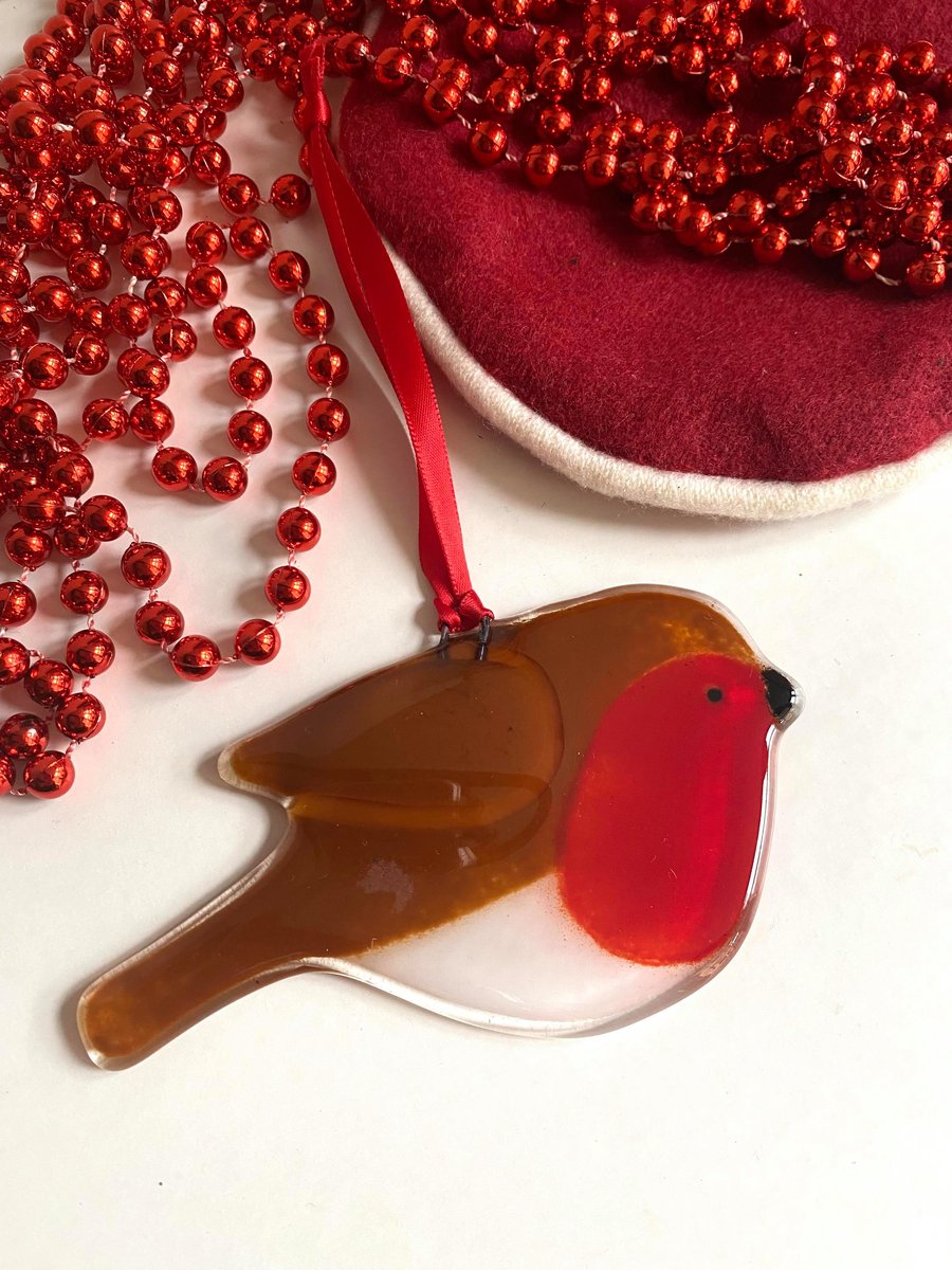 Fused Glass Robin Christmas Hanging Decoration