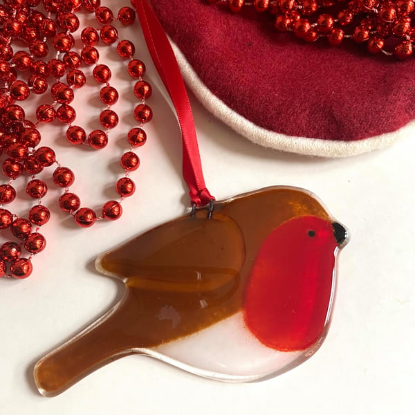 Fused Glass Robin Christmas Hanging Decoration