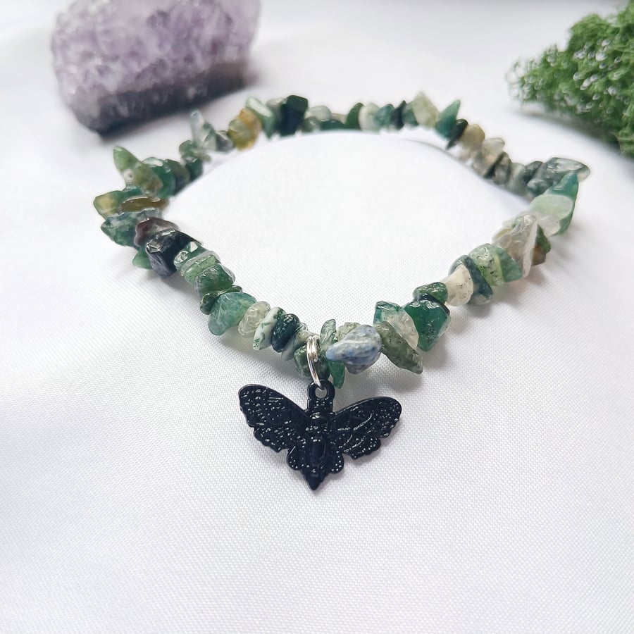 Handmade Moss Agate Bracelet with Whimsigoth Death Moth Charm