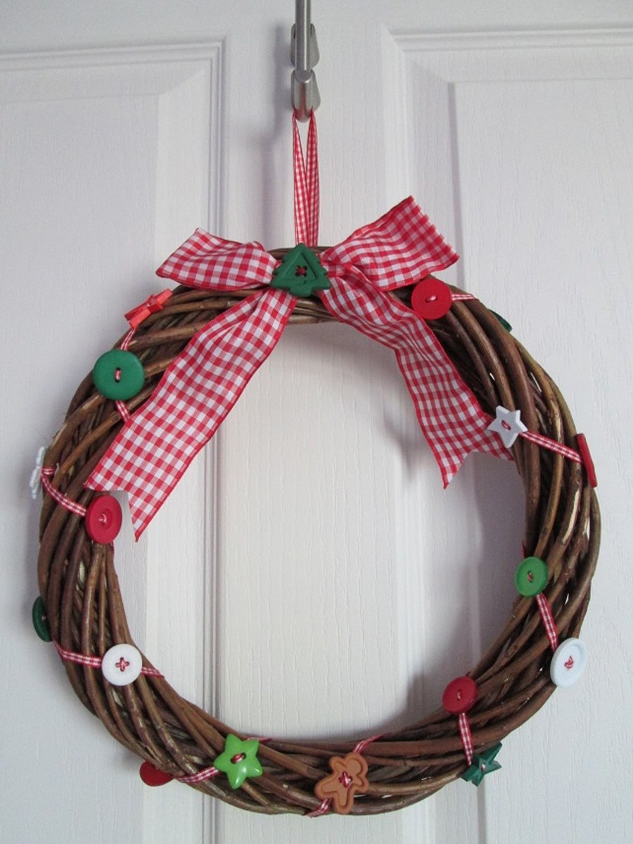 12" Rustic Wicker Wreath with Buttons and Gingham