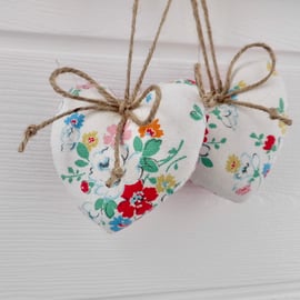 Pair heart decorations small size Cath Kidston roses fabric.