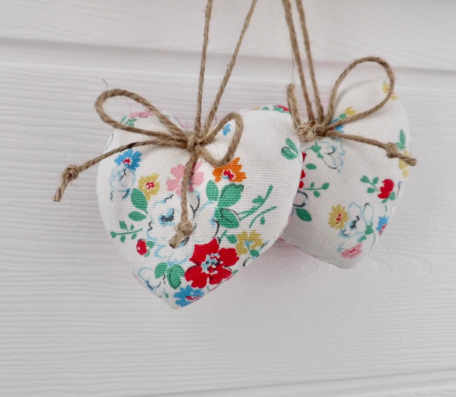 Pair heart decorations small size Cath Kidston roses fabric.