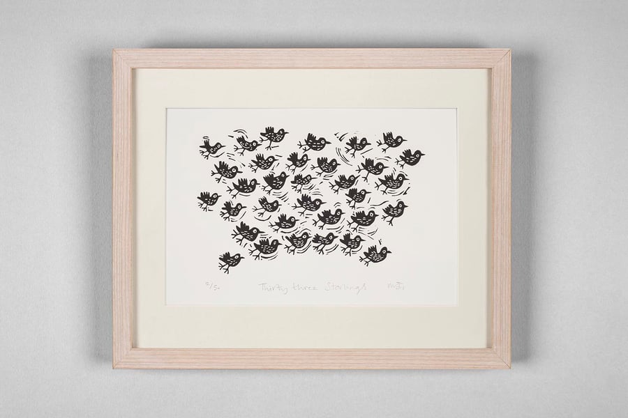 Lino Print - Thirty three Starlings  - bird art, bird pictures, bird prints