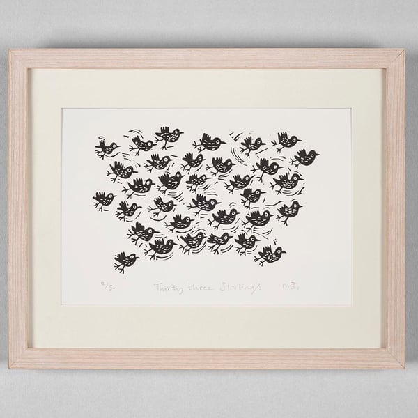 Lino Print - Thirty three Starlings  - bird art, bird pictures, bird prints