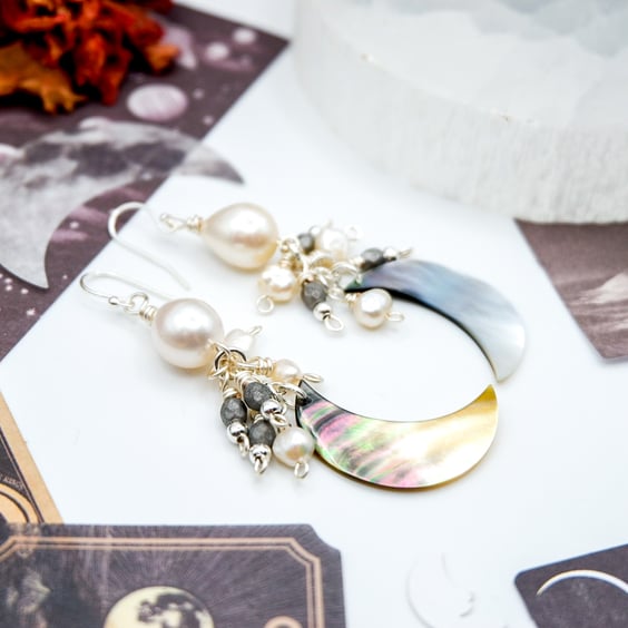 Pearl Earrings - Mother of Pearl Crescent Moon Statement Earrings, Moon Earrings