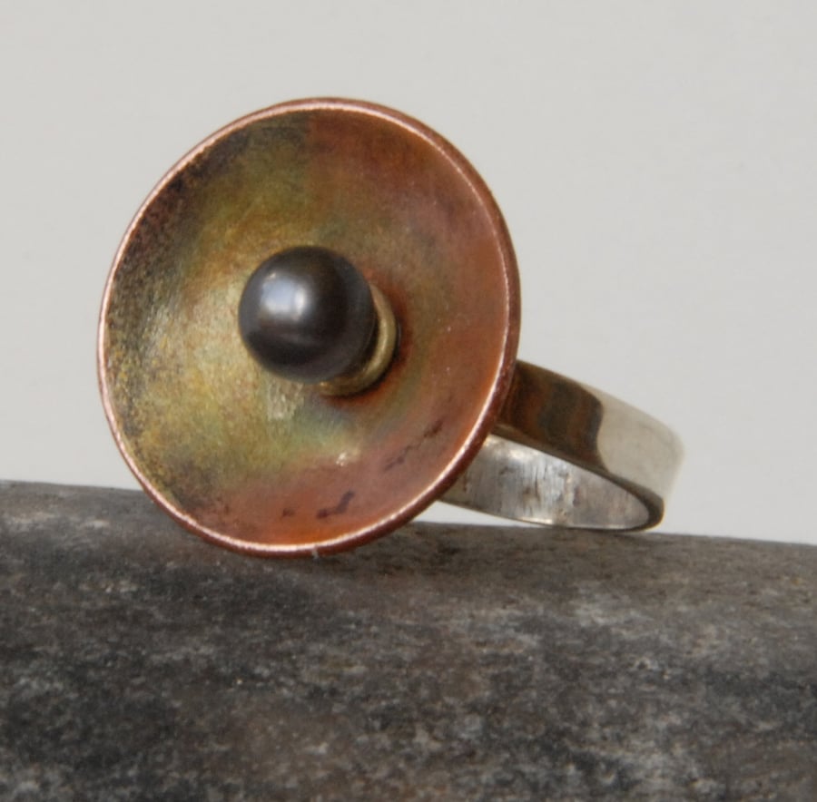 Sterling Silver, copper and black pearl ring