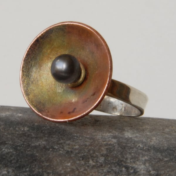 Sterling Silver, copper and black pearl ring