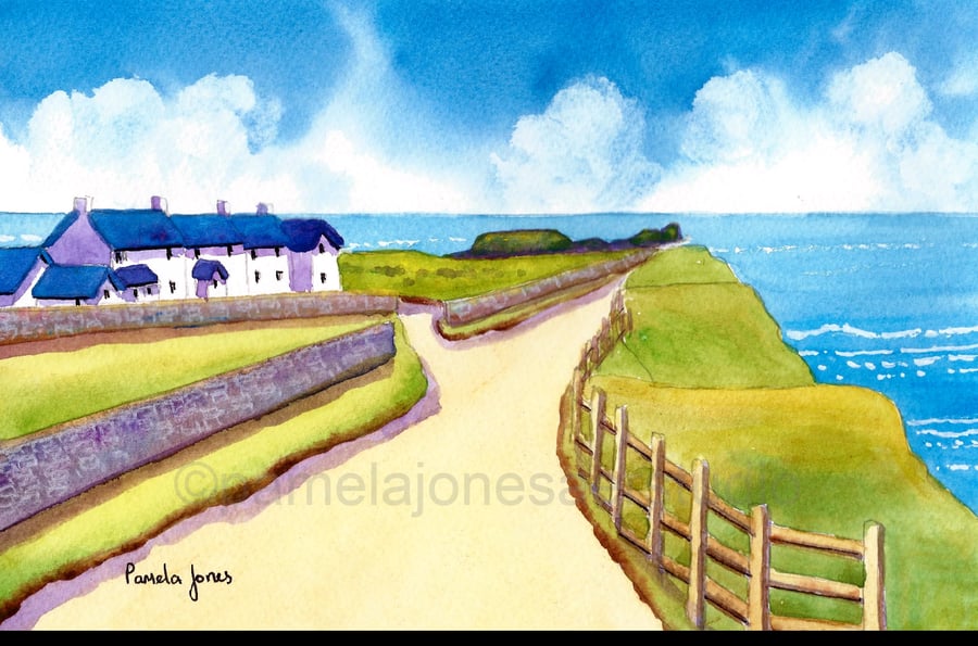 Worms Head, Rhossili Bay, Gower, Wales, Original Watercolour in 14 x 11 '' Mount