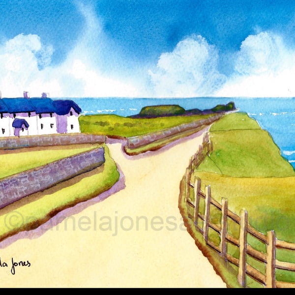 Worms Head, Rhossili Bay, Gower, Wales, Original Watercolour in 14 x 11 '' Mount