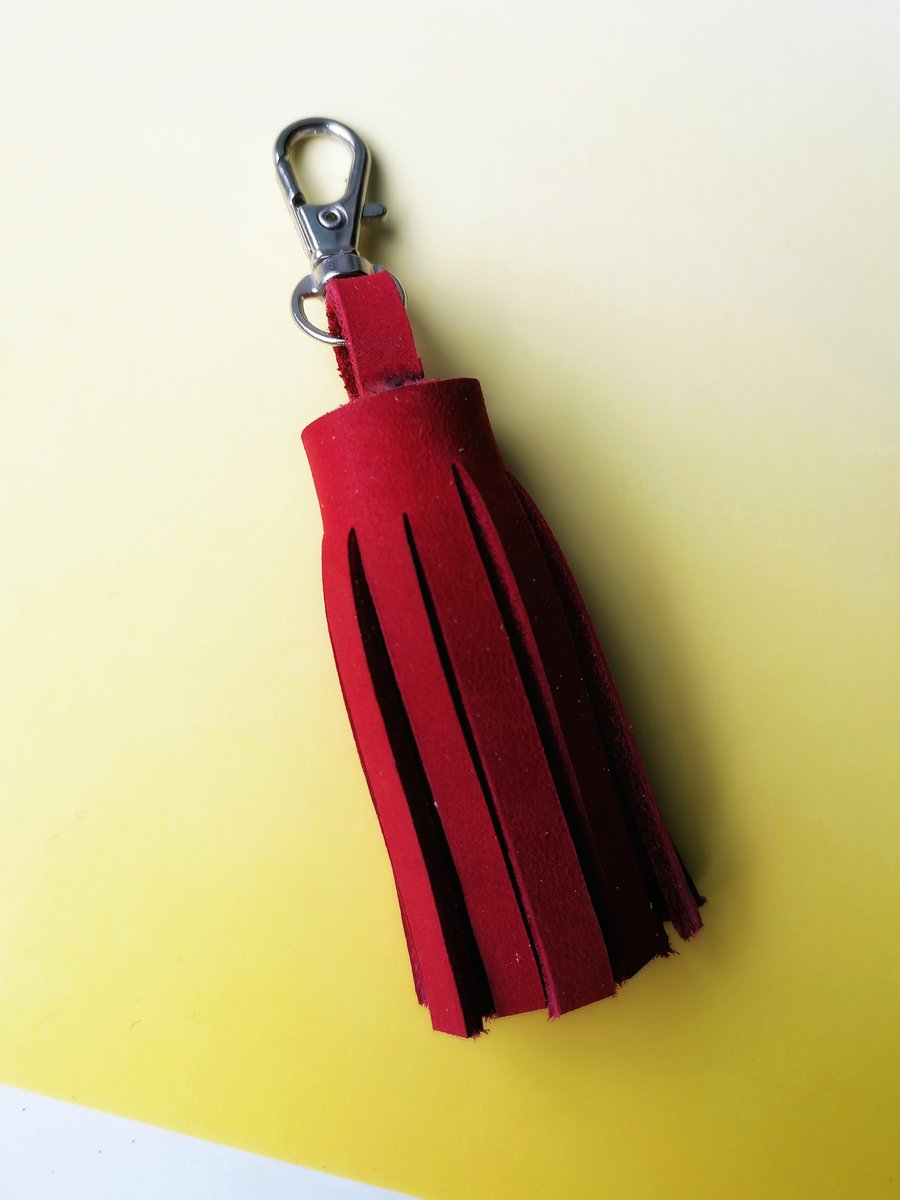 Handmade Leather Tassel Keyring - Red