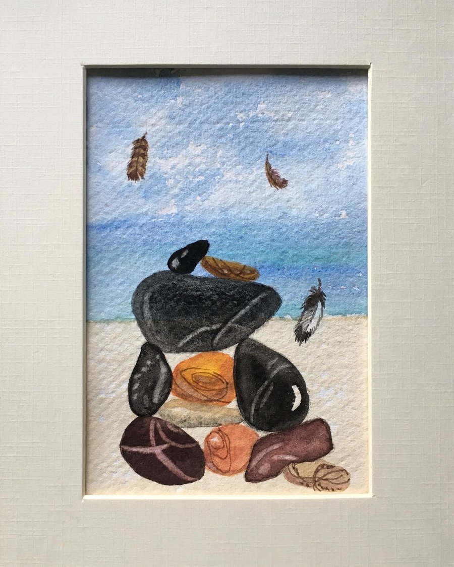 Floating feathers and pebbles painting 