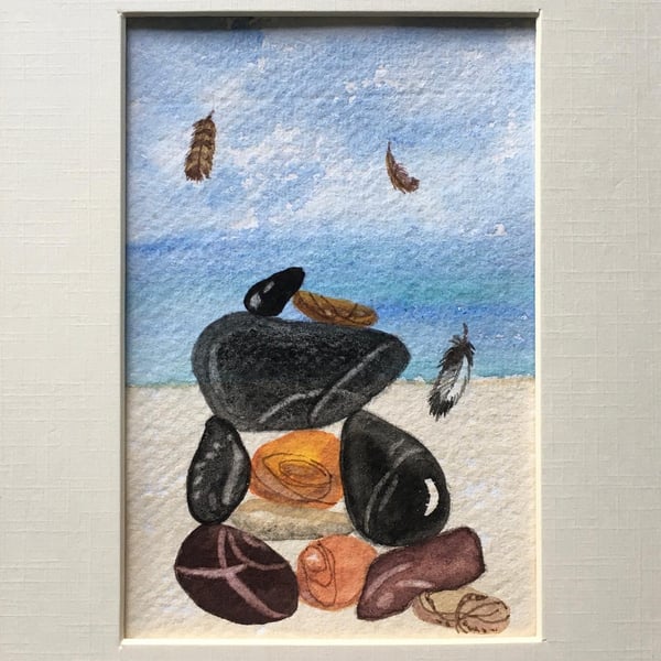 Floating feathers and pebbles painting 