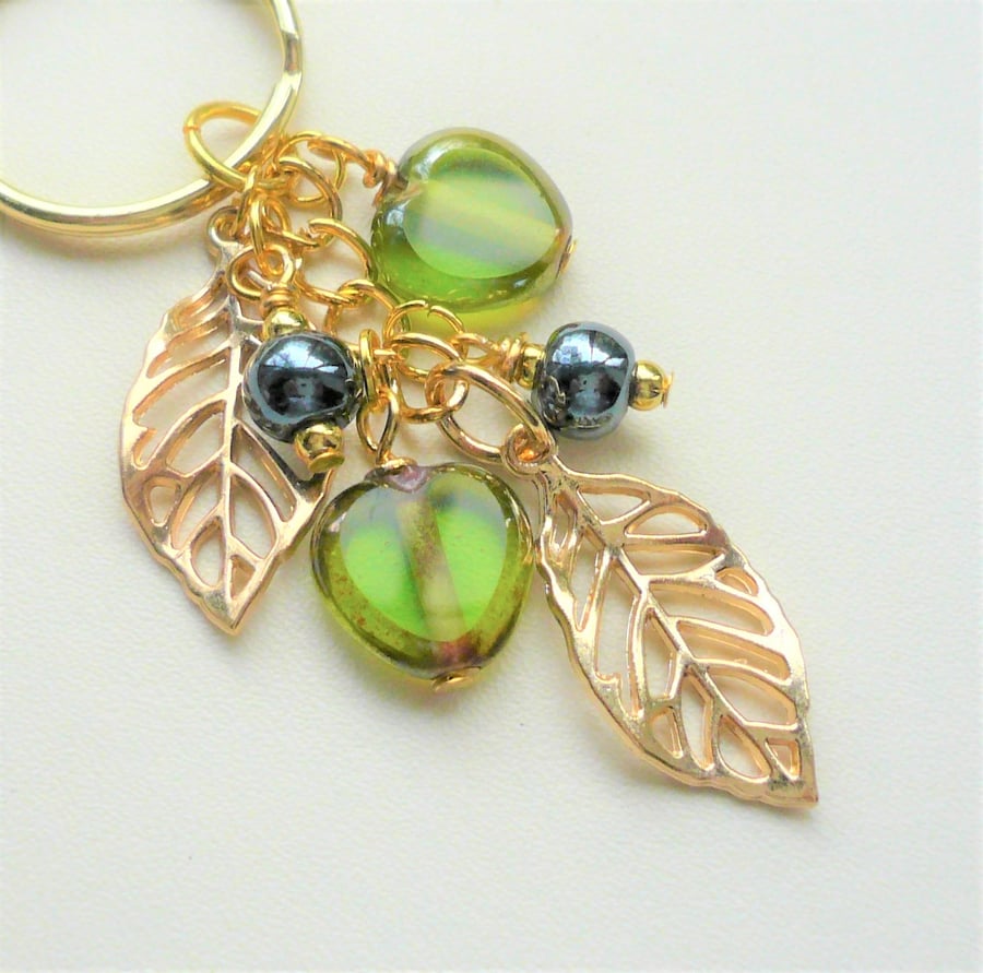 Leaf and Heart Keyring Bag Charm Gold Plated Green and Blue Lustre Glass   K2290