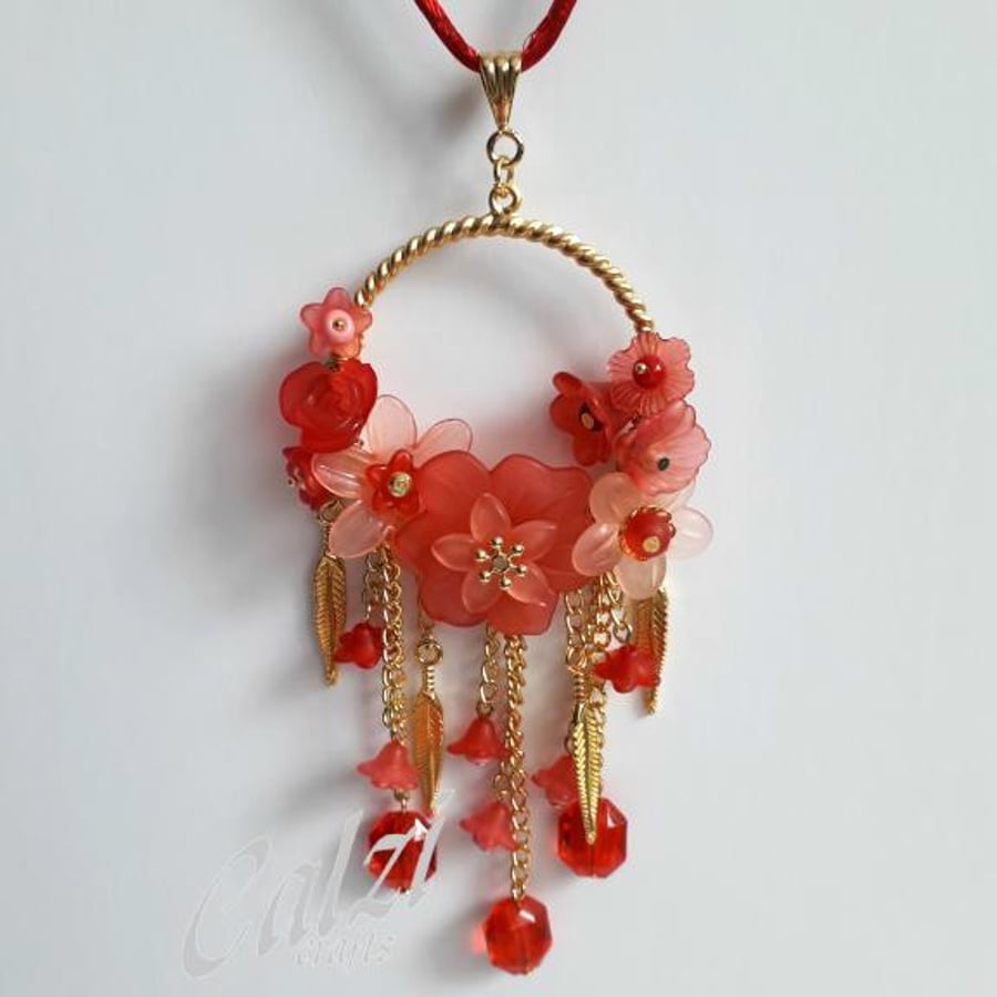 Red & Peach Lucite Flower Necklace