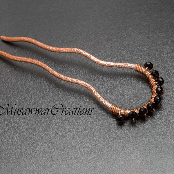 copper Hair forks,black faceted copper textured hair bun pin- Hair bun pin