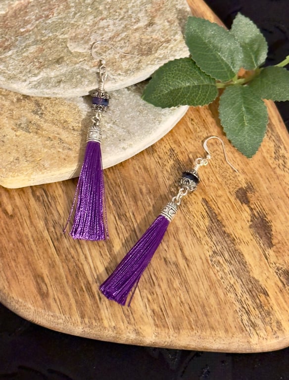 Long deep purple Czech glass tassel earrings