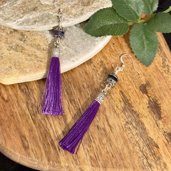 Long deep purple Czech glass tassel earrings