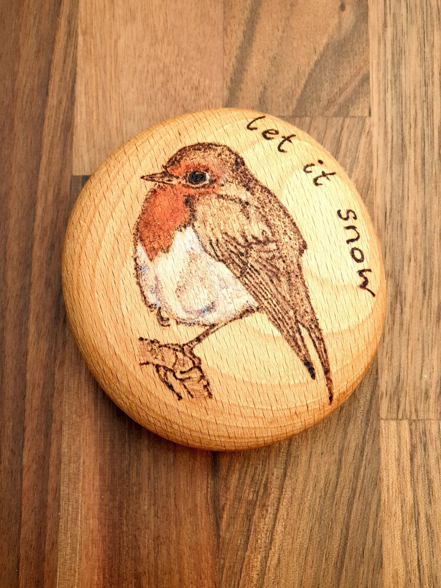 Robin Red Breast pyrography wooden pebble Christmas gift decoration