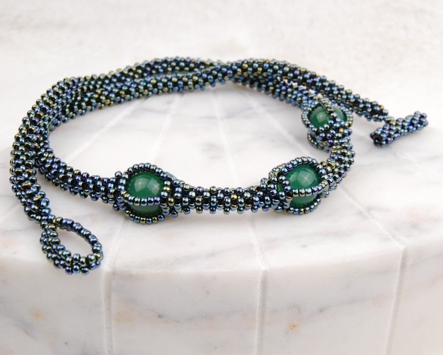 Beaded gemstone necklace with green agate, Statement jewellery with seed beads