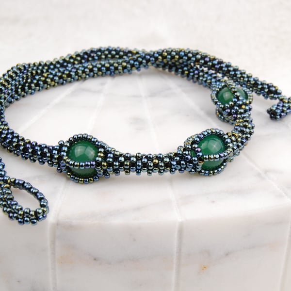 Beaded gemstone necklace with green agate, Statement jewellery with seed beads