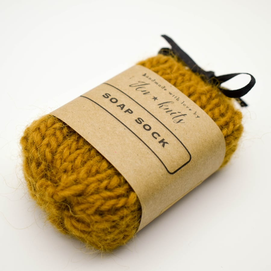 SOLD - Hand knitted self felting peppermint soap sock - Ochre - eco friendly