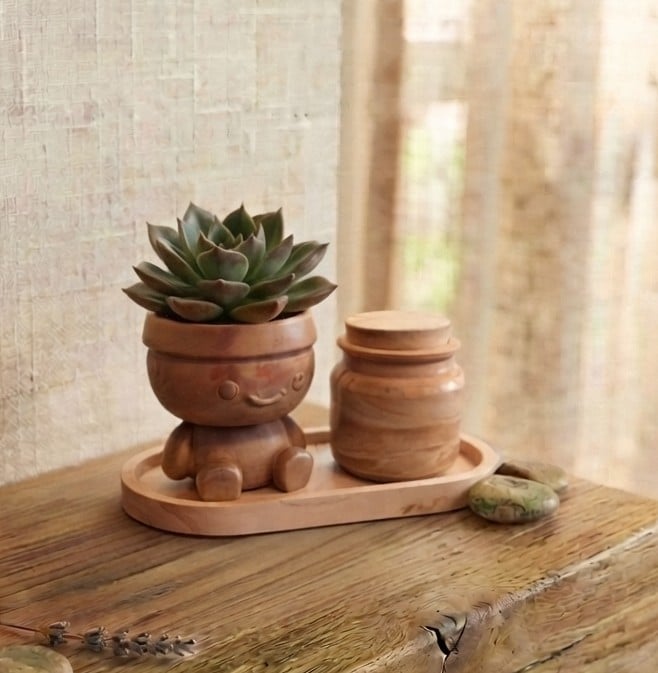 Terracotta-Inspired Eco-Resin Tray, Jar & Planter Pot Man Set