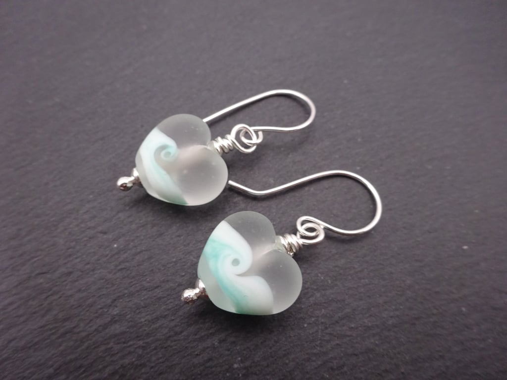 green swirl lampwork glass heart earrings, sterling silver jewellery