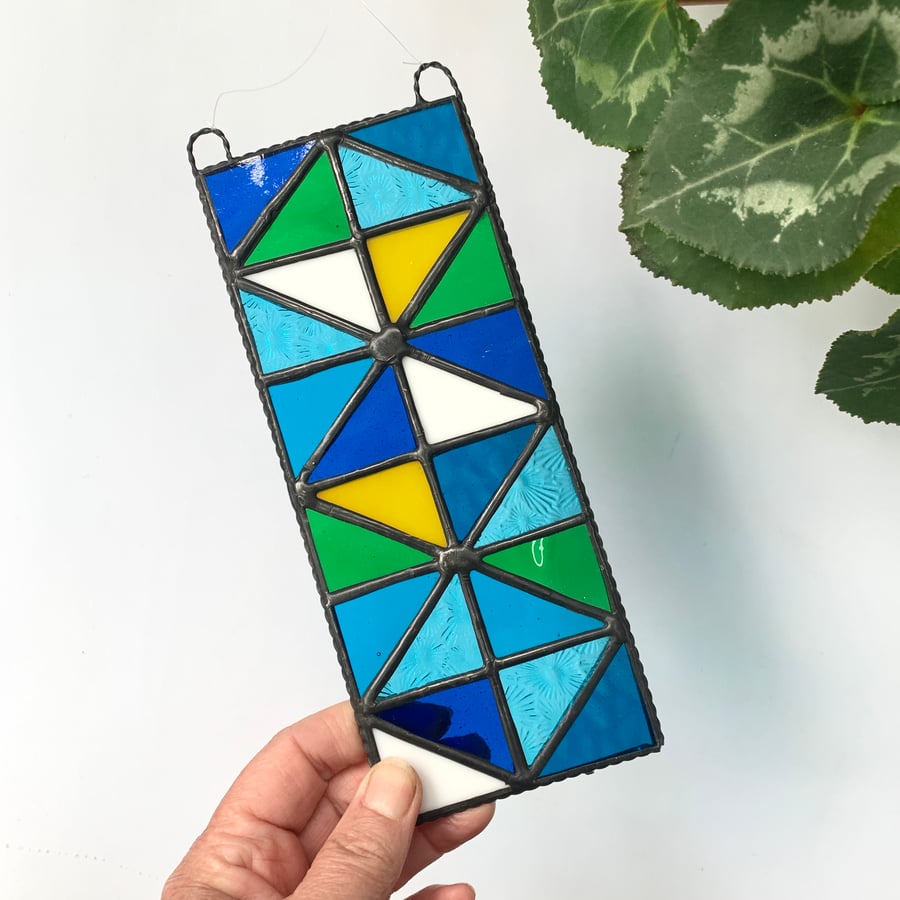 Stained Glass Panel of Triangles - Handmade Hanging Window Decoration 
