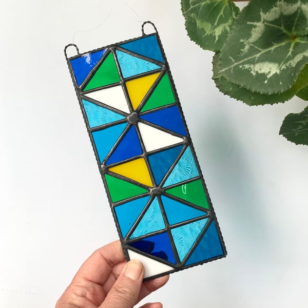 Stained Glass Panel of Triangles - Handmade Hanging Window Decoration 