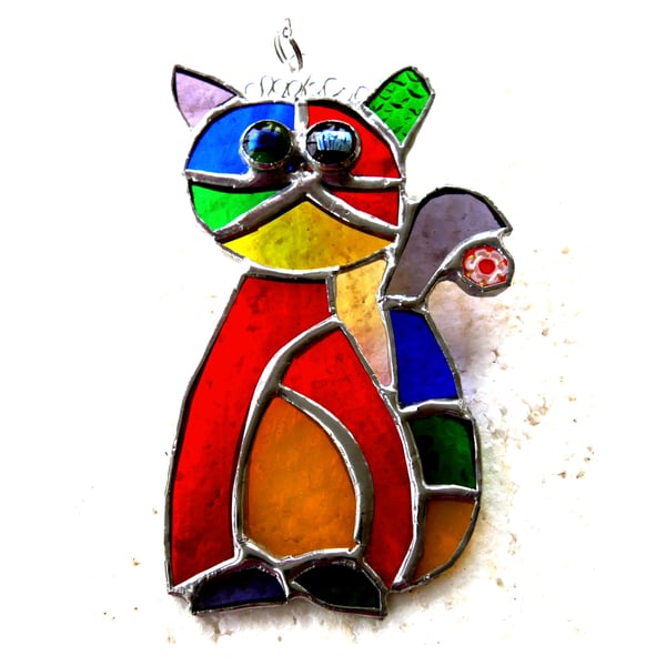 Cat Suncatcher Yellow Tum Stained Glass Rainbow Picasso Patchwork 023