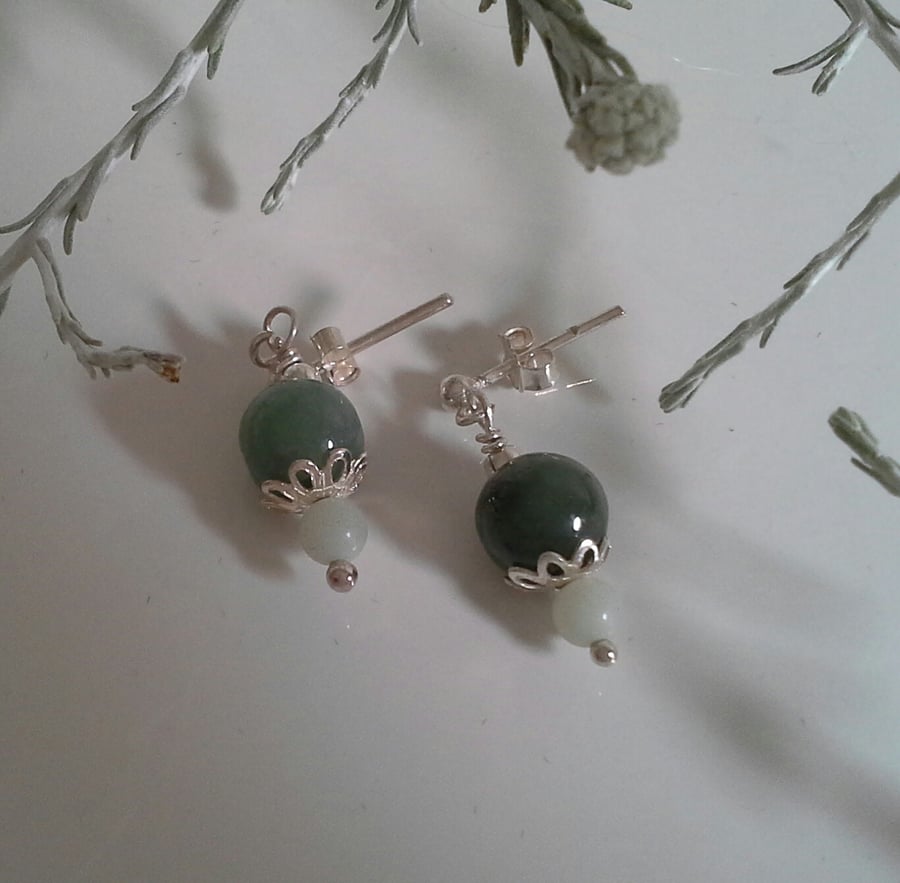 Natural Genuine Jade & Rare Jadeite Stud  Sterling Silver Earrings