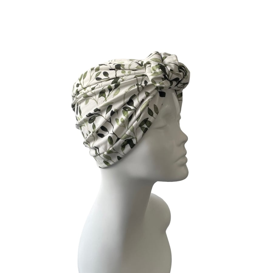 Green Vines Cotton TURBAN for Adults, Women's Head Wrap, Handmade Cancer Hat