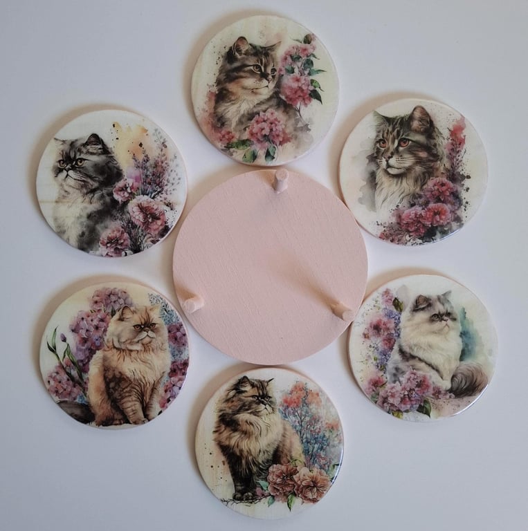 Cat Coasters Set of Six, Gift for Cats and Tea Lovers, Decoupage Persian Cat Art