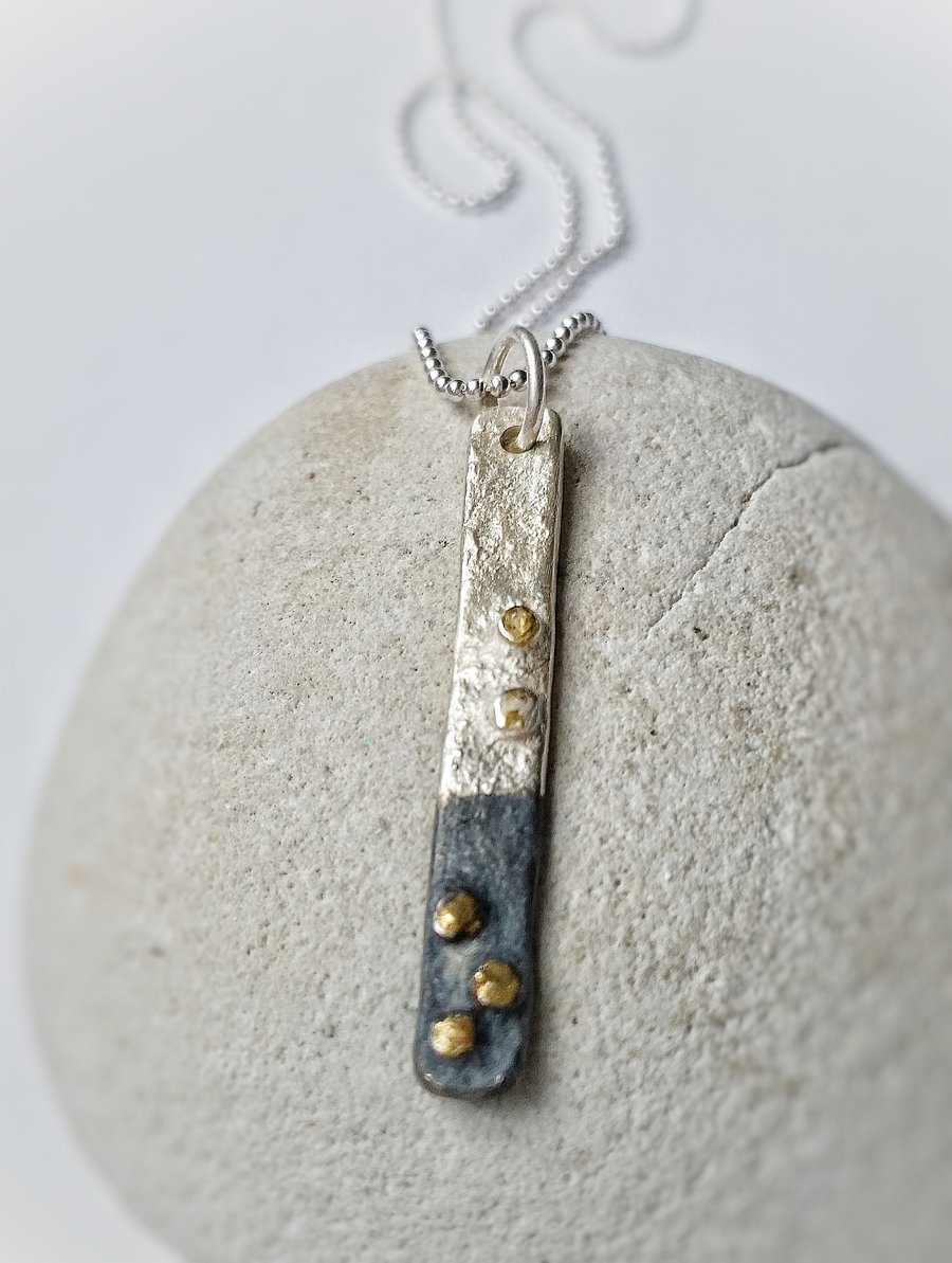 SALE Fine Silver Textured Distressed Drop Bar Necklace with Gold and Black 