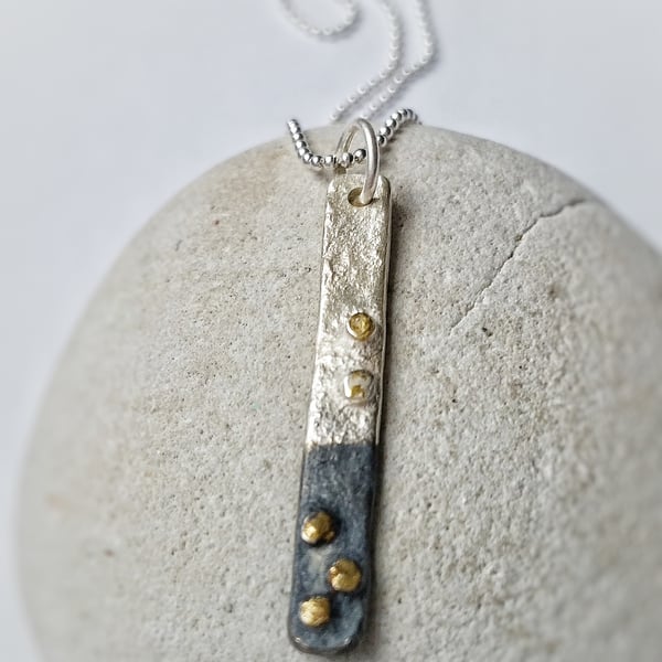 SALE Fine Silver Textured Distressed Drop Bar Necklace with Gold and Black 