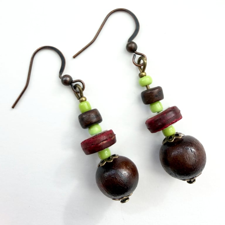 Brown and Light Green Wood Dangle Drop Boho Earrings