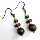 Brown and Light Green Wood Dangle Drop Boho Earrings