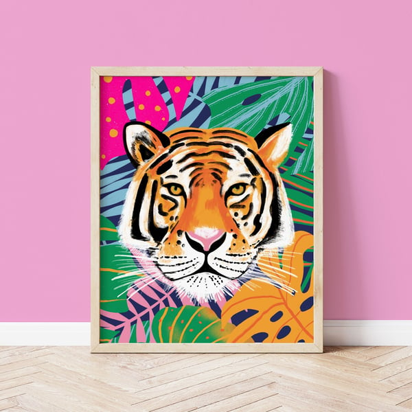 Tiger Tropical Leaf Boho Style Art Print A4