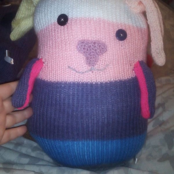 Multicolour Banded. Pink Nose Giant Dog. offset Purple Eyes Knitted By KM