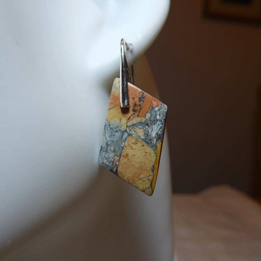 Pair of Sterling Silver & Diamond Shaped Maligano Jasper Gemstone Earrings