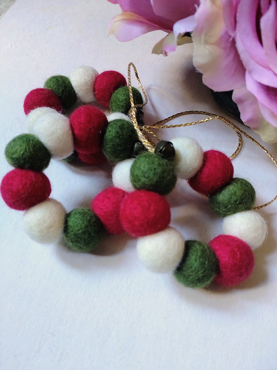 Felt Ball Mini Wreath Hanging Decorations, Set of 3, Christmas Colours.