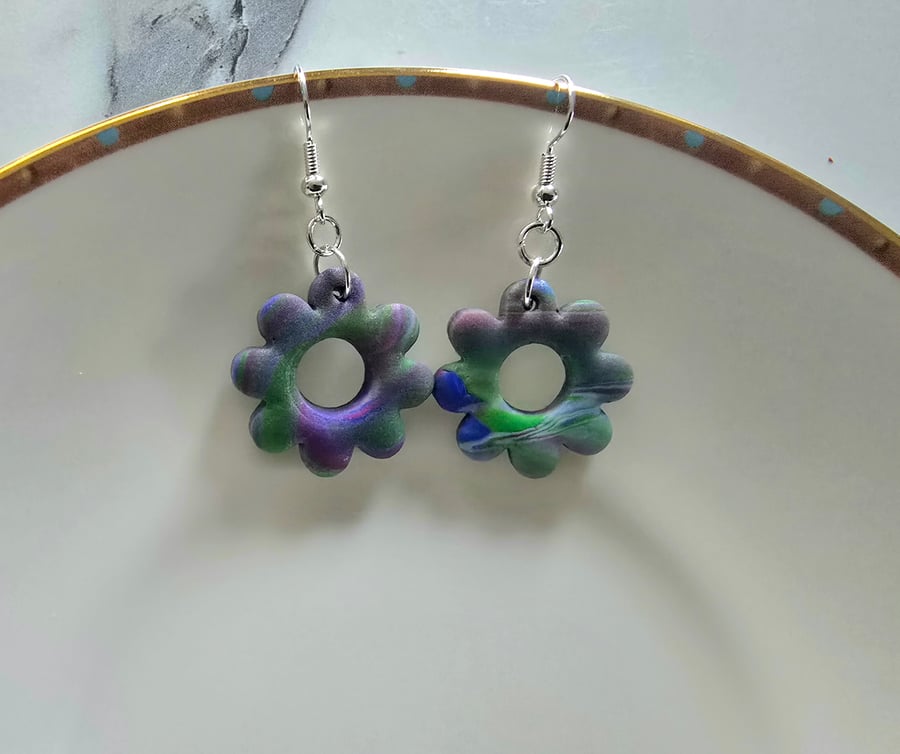Polymer clay flower dangle earrings on silver plated earhooks